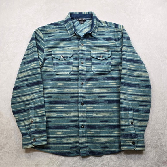 Eddie Bauer Fleece Shirt Mens Medium Teal Blue Native Stripe Pattern Colorful - Picture 2 of 10